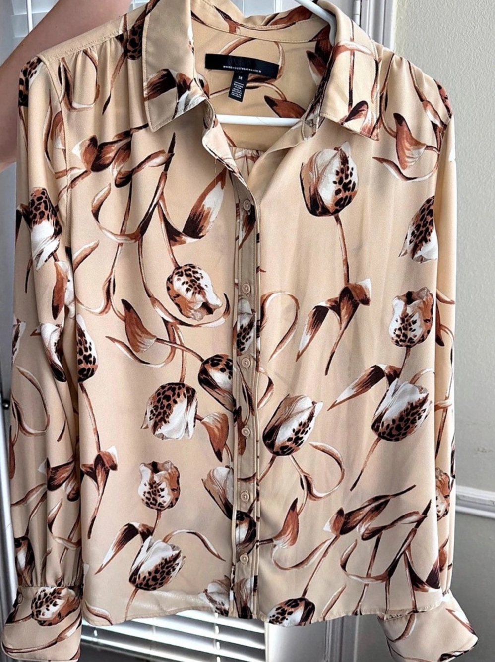 White House Black Market Floral Animal Print Soft Shirt in Tan & Brown